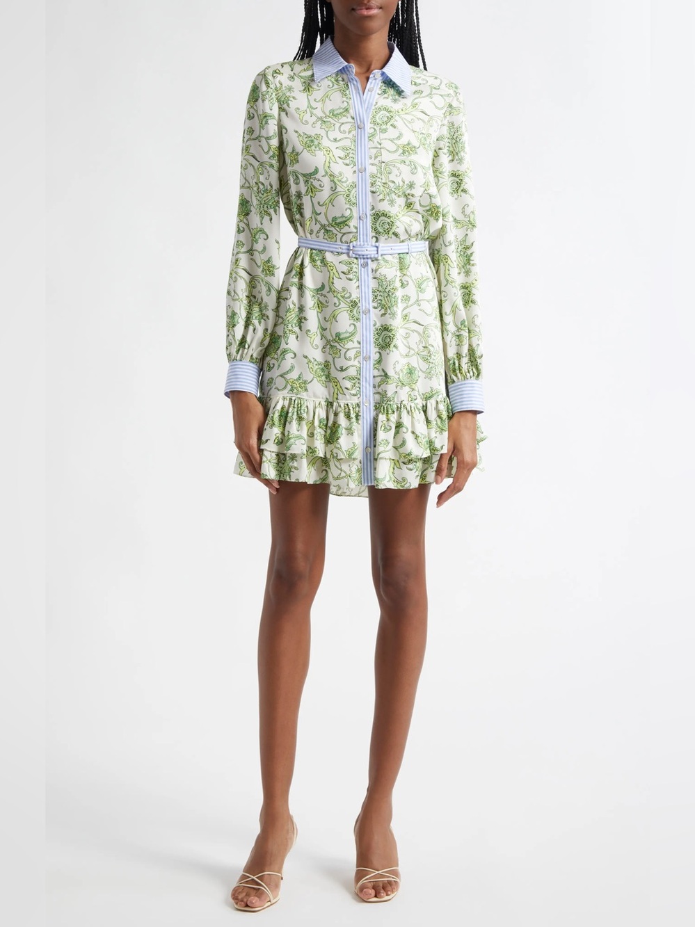 Cinq à Sept Ivy Paisley Tirza Belted Shirt Mini Dress Green Blue Ruffle 4 Garden